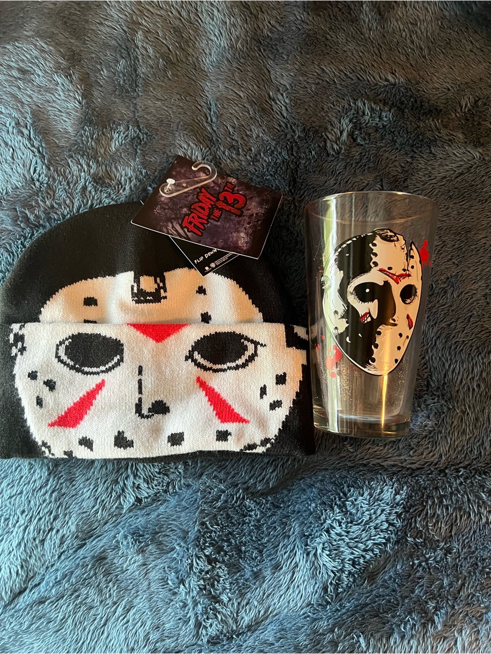Friday the 13th Black and White Beanie with Jason Vorhees Glass Tumbler